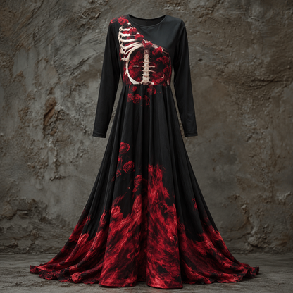 Black version of the gown with a bone-white rib cage and red roses on the bodice, red flame-like pattern at the hem. 3