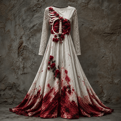 White version with lace-style sleeves, a rib cage and red roses on the bodice, and red splatter across the full skirt. 5