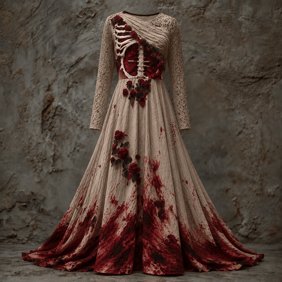 Beige version with lace-textured sleeves and a draped shoulder, rib cage and roses on the bodice, red splatter at the hem. 4