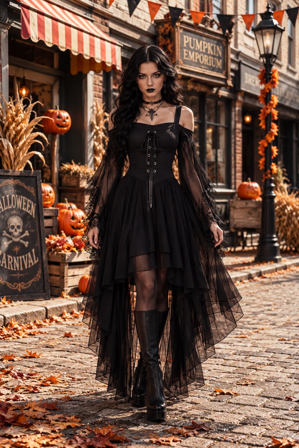 Model in the black lace-up dress with sheer lace-trimmed sleeves, standing on a cobbled street with pumpkins and autumn 1