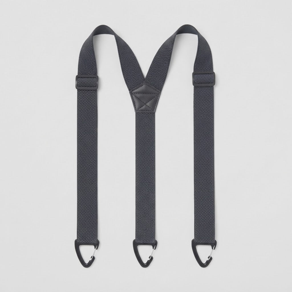 Flat lay of dark grey Y-shape braces with three black clip hooks and a stitched centre patch 12