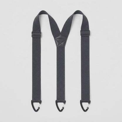 Flat lay of dark grey Y-shape braces with three black clip hooks and a stitched centre patch 12