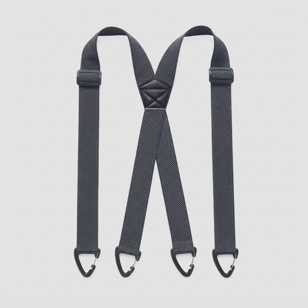 Flat lay of dark grey X-shape braces with four black clip hooks and slide adjusters 13