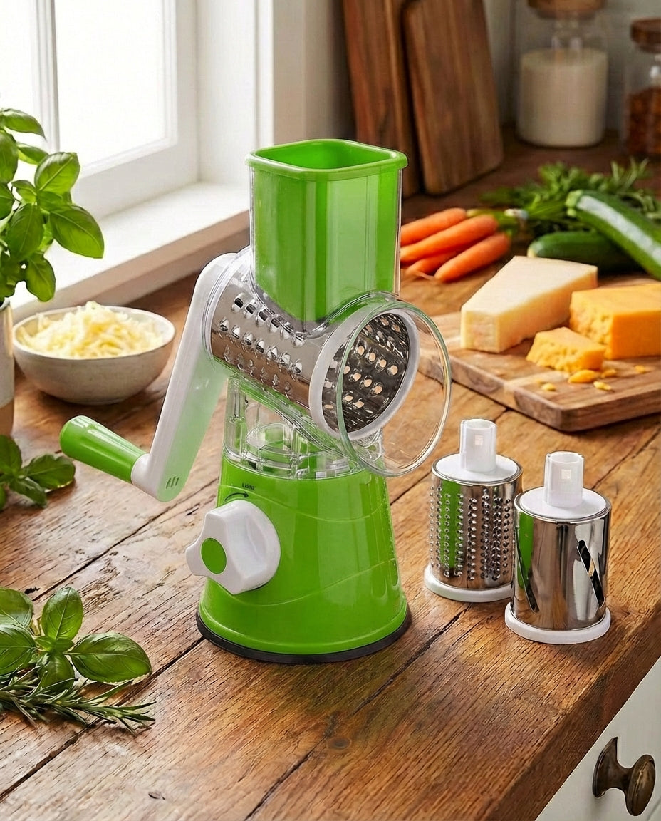 Green version of the rotary chopper with white handle and knob, shown with two spare drums beside cheese and carrots. 11