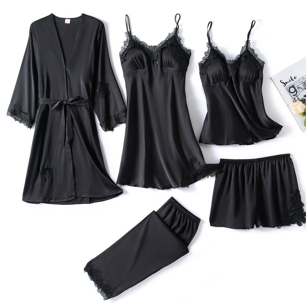 5-Piece Satin Sleep Set for Women with Lace – Amara