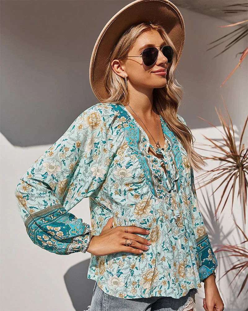 Vintage boho autumn blouse with floral print and long sleeves – Sana