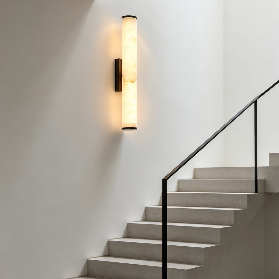 Tall marble wall light with dark metal trim mounted on a white stairwell wall beside a minimalist staircase with a black handrail. 7