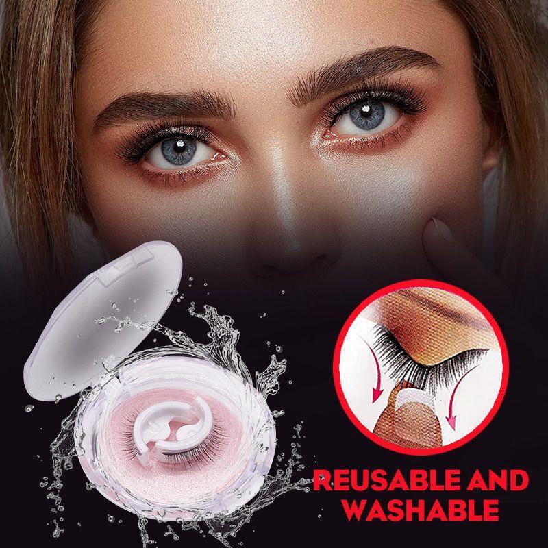 Model with defined lashes above the open lash case surrounded by water splashes, with an inset showing lashes being peeled from the lid. 10