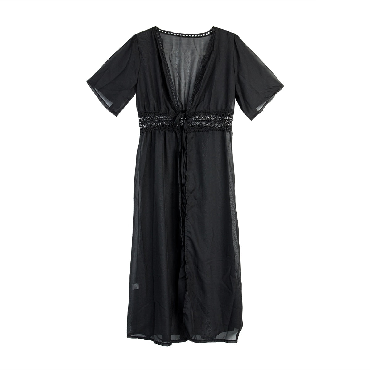 Long beach dress with lace accents and bow fastening – Elara