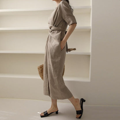 Lightweight khaki autumn dress with adjustable waistband – Isalie