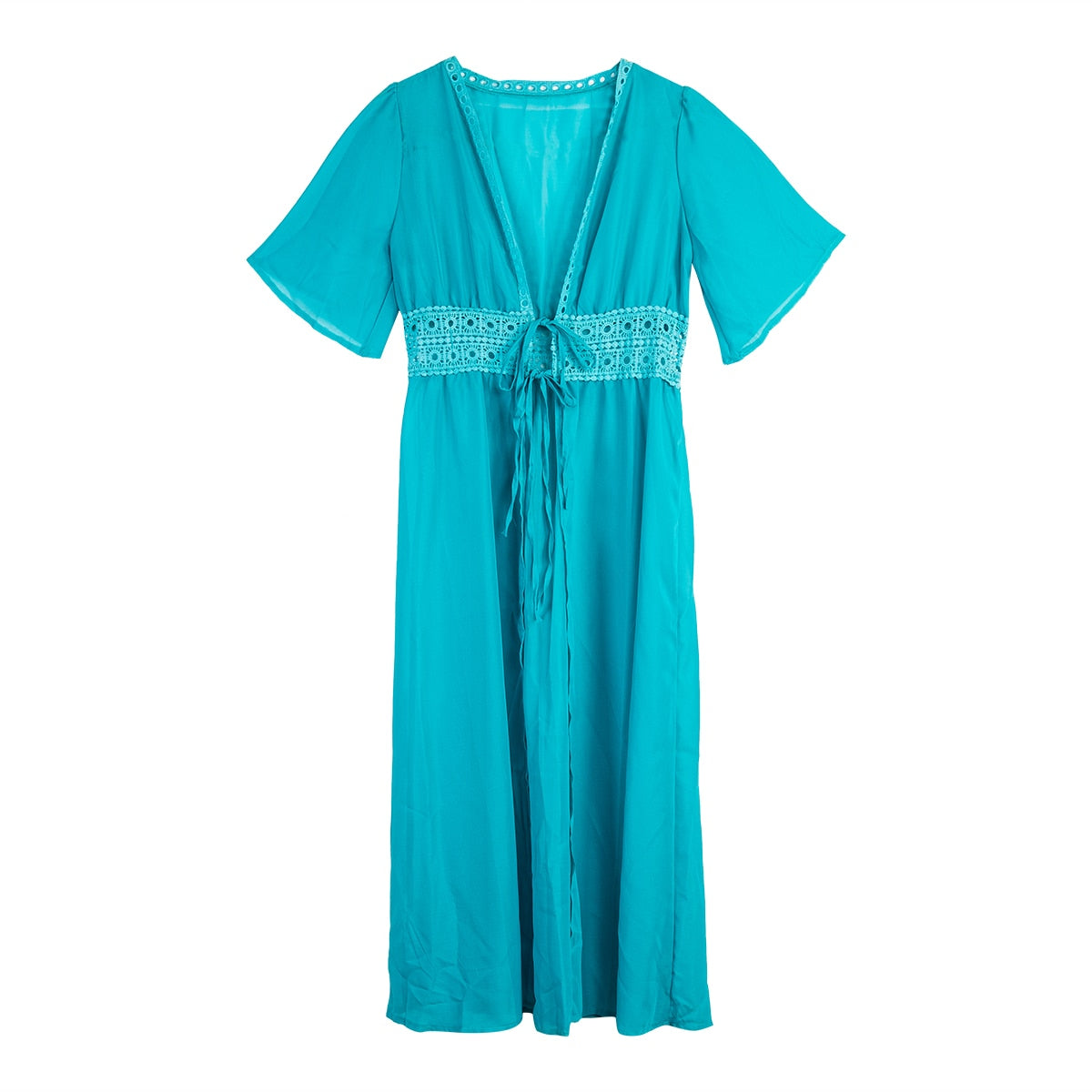 Long beach dress with lace accents and bow fastening – Elara