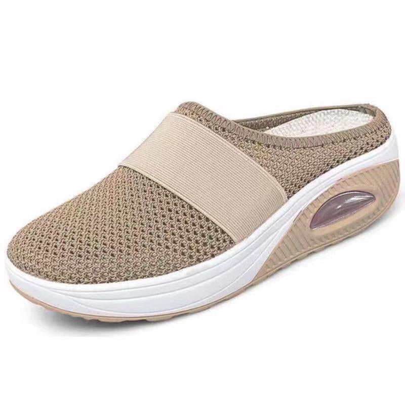 Beige mesh backless slip-on with elastic strap, white midsole and visible air cushion window 7