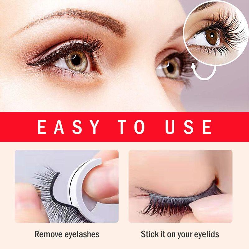 Instructional graphic with a close-up of brown eyes wearing lashes and two steps showing the lashes lifted from the holder and stuck onto the eyelid. 7