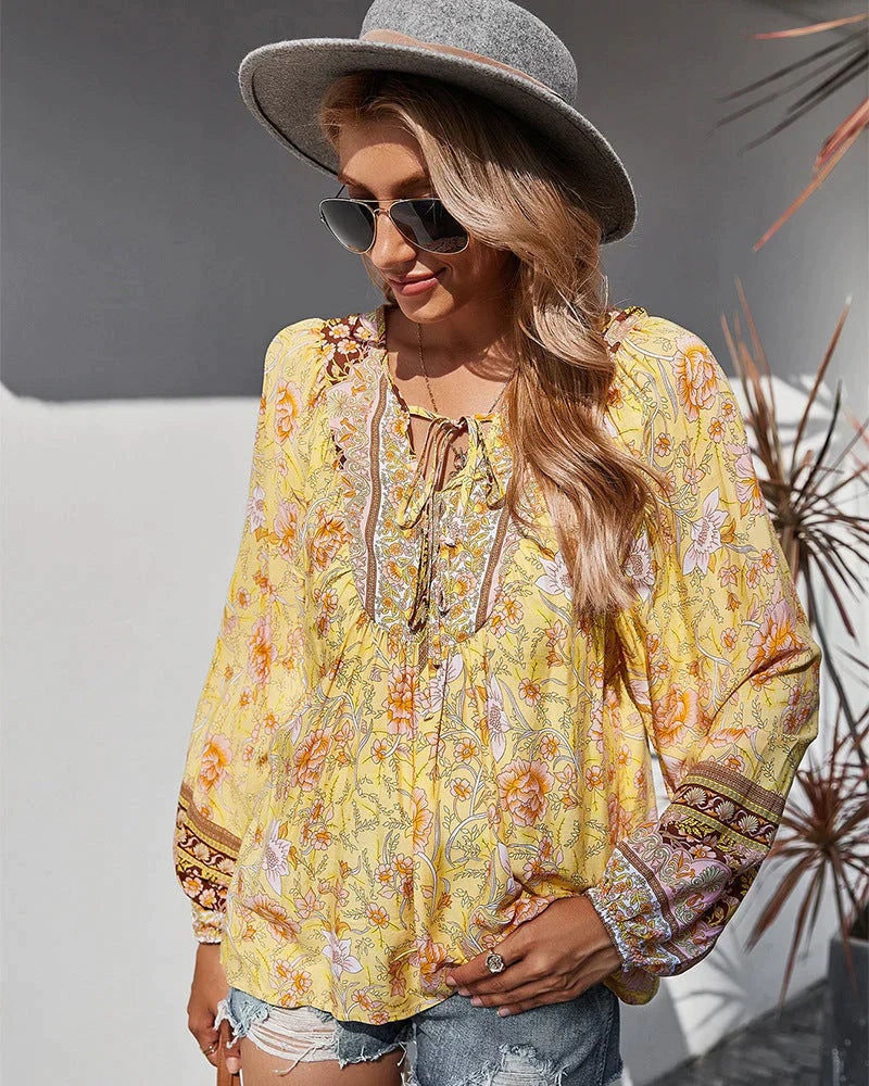 Vintage boho autumn blouse with floral print and long sleeves – Sana