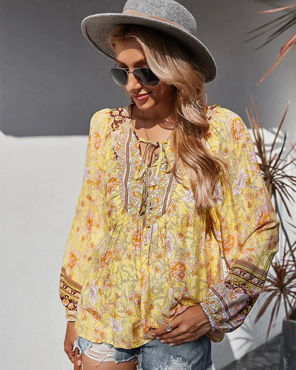 Vintage boho autumn blouse with floral print and long sleeves – Sana