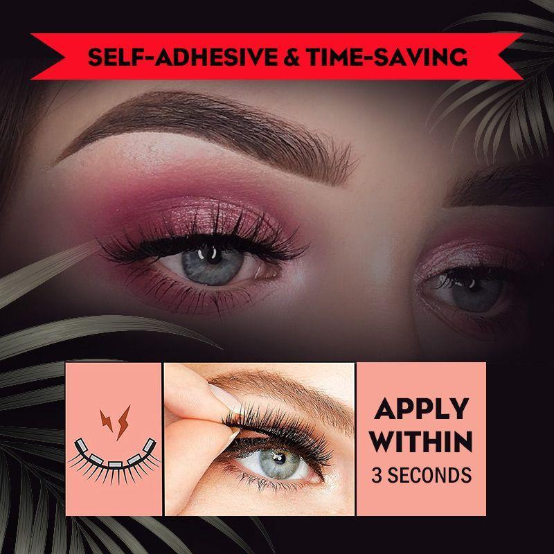 Dark leafy backdrop with a close-up of an eye with pink eyeshadow and lashes, plus a small inset of a hand pressing a lash onto the lid. 8