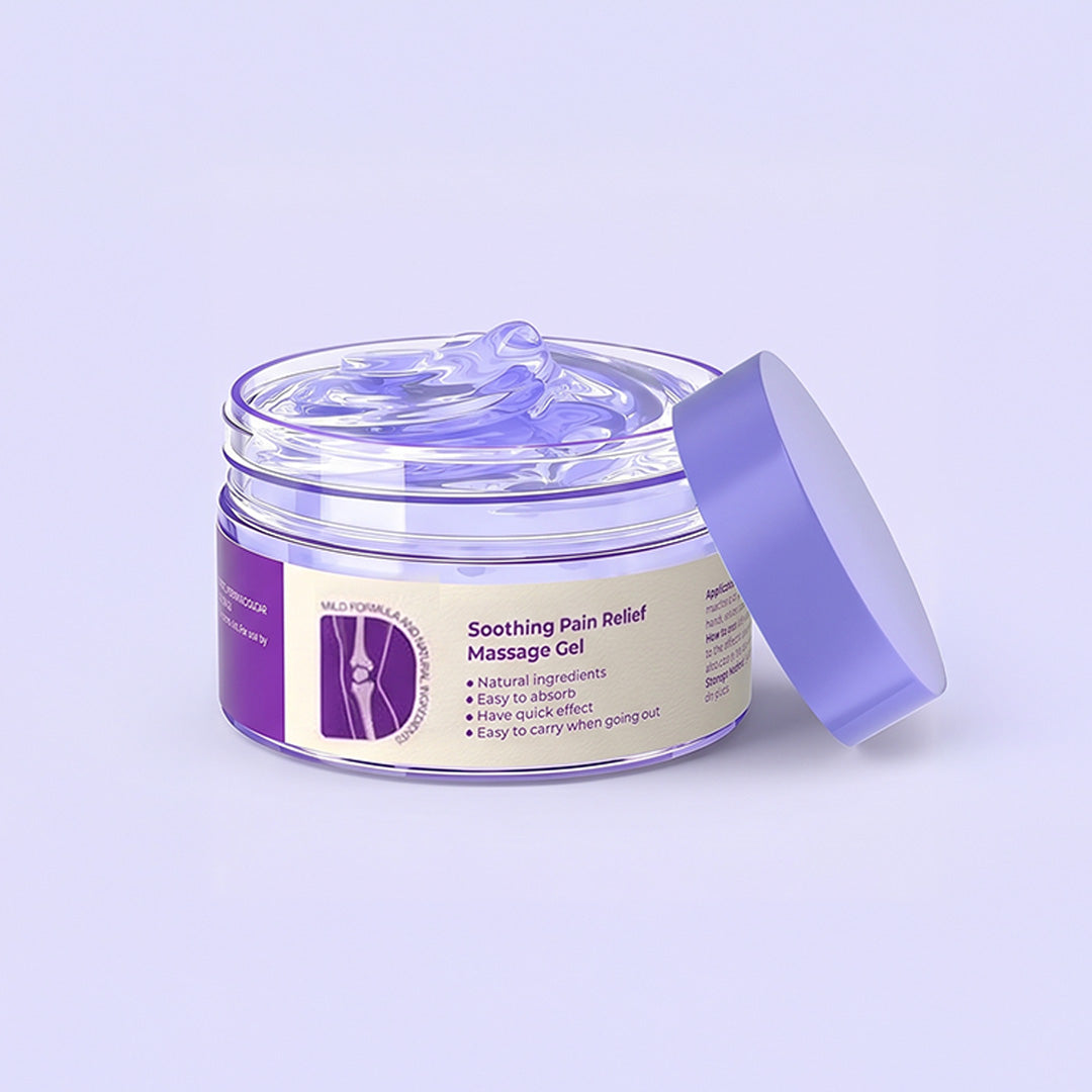 Open clear tub of translucent lilac gel with its purple lid propped against the side 1
