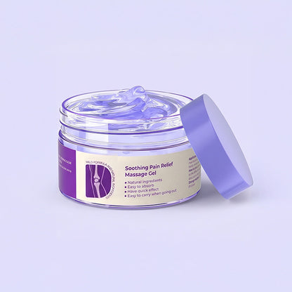 Open clear tub of translucent lilac gel with its purple lid propped against the side 1
