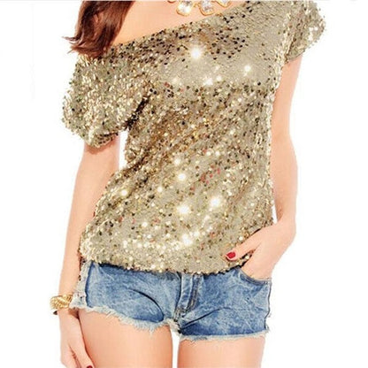 Trendy shoulder t-shirt with sequins for summer nights - GlamGlanz