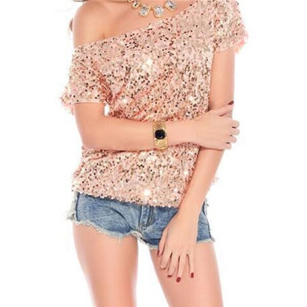 Trendy shoulder t-shirt with sequins for summer nights - GlamGlanz