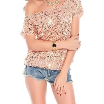 Trendy shoulder t-shirt with sequins for summer nights - GlamGlanz
