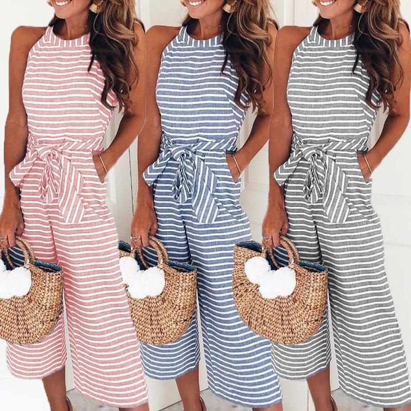 Striped summer jumpsuit for women with wide leg and V-neck – Alina