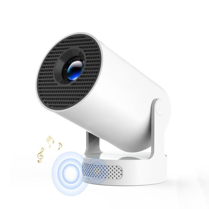 White cylindrical projector on a round swivel base, lens and grille facing forward, speaker vents on base 1
