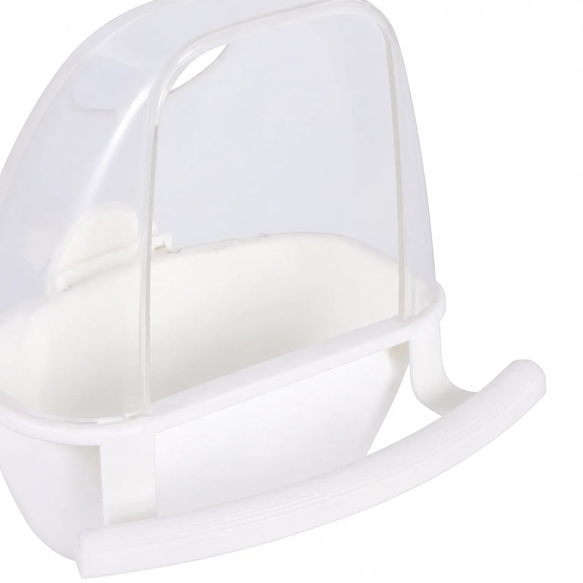 Close-up of a white feeder with a clear hood and curved perch, showing the shape of the bowl and hood. 3