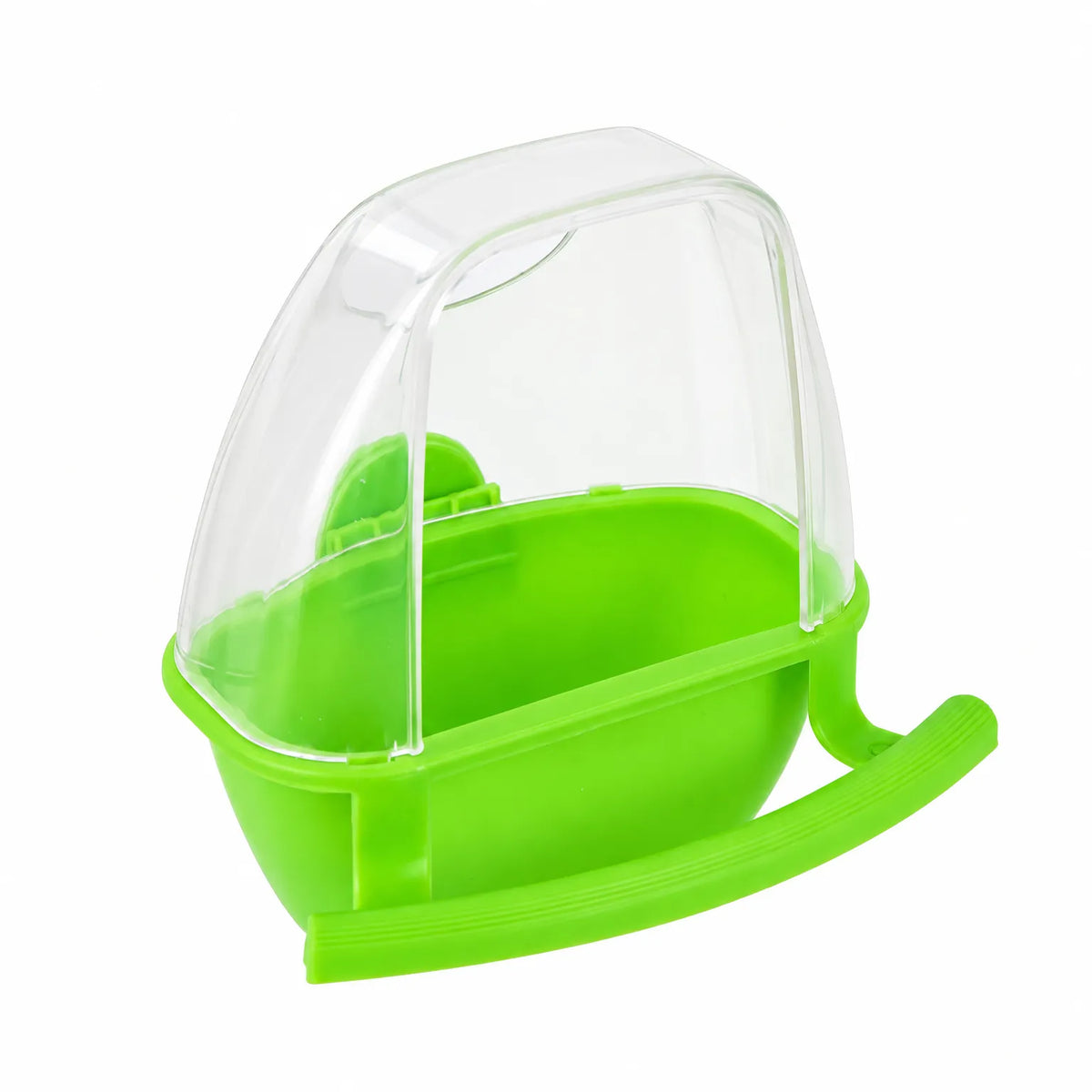 Green feeder with a transparent hood and a curved perch below the seed bowl, shown on a white background. 4