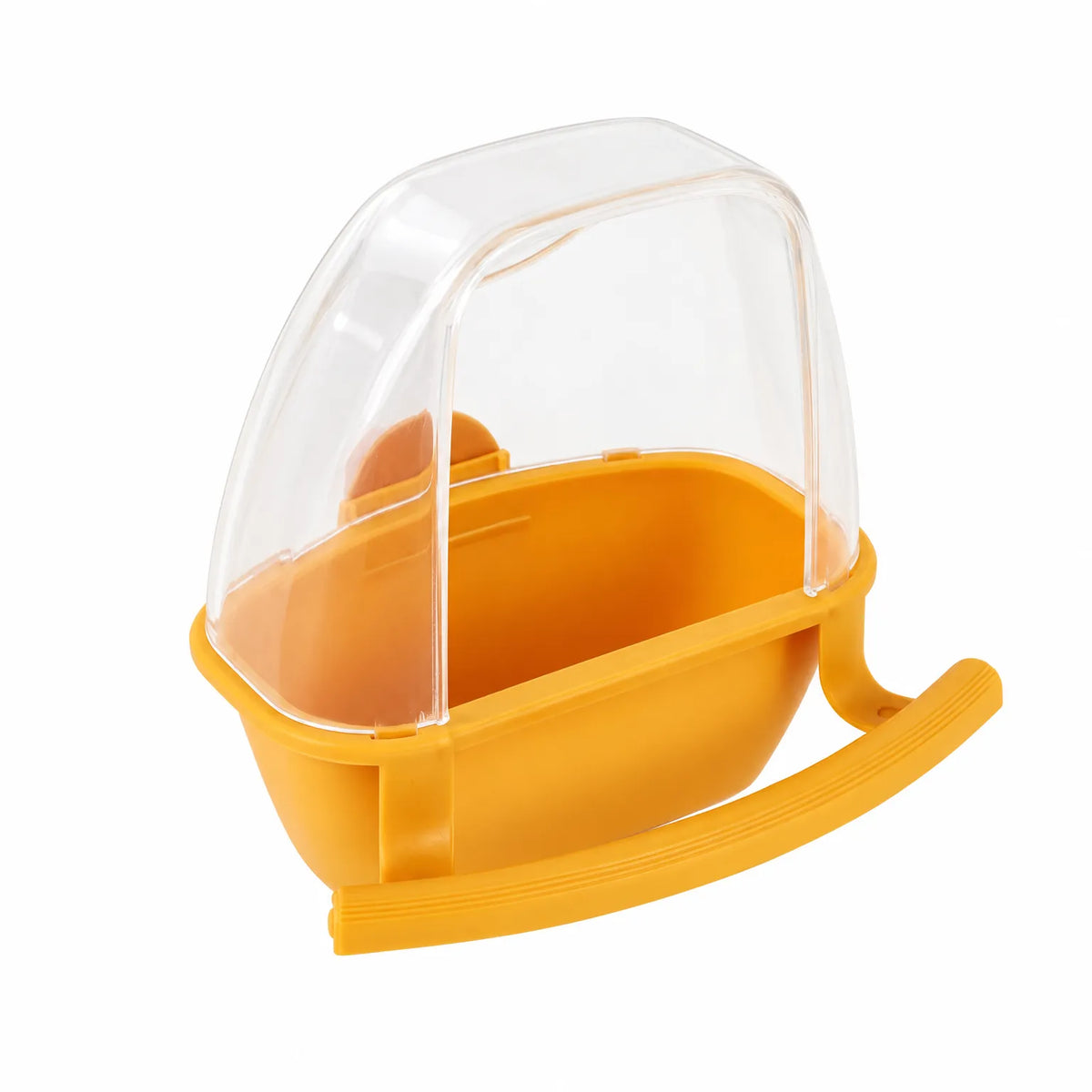 Orange-yellow version of the feeder with a clear hood and curved perch, photographed on a white background. 5