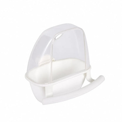 White version of the feeder with a see-through hood and a curved perch, shown on a plain white background. 6