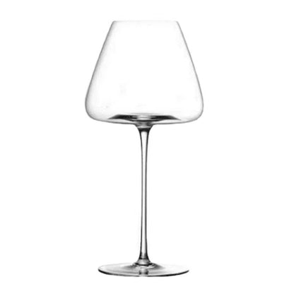 Single empty wide-bowled wine glass with a long thin stem, shown on a plain white background 1