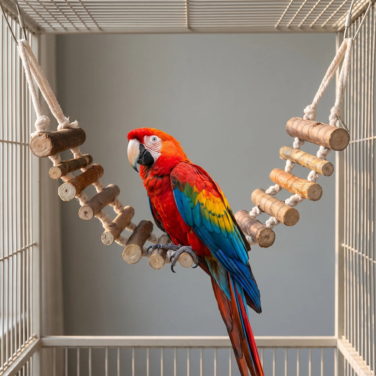 Wooden rung bridge hung inside a cage with a red, blue and yellow macaw perched on it, showing it in use. 2