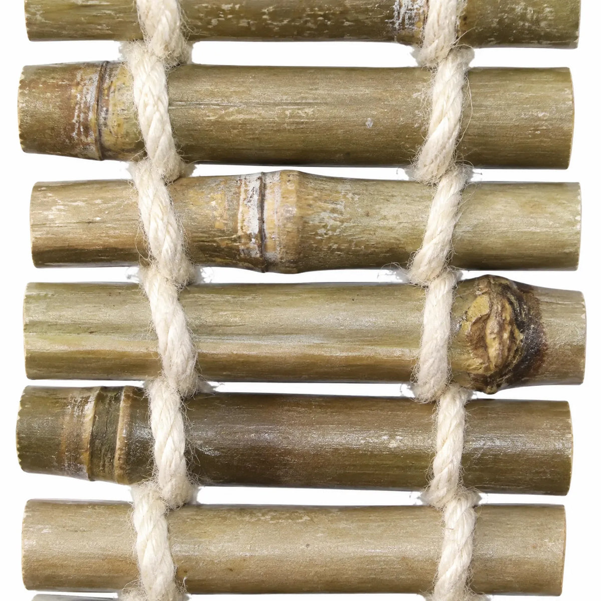 Close-up of bamboo-like rungs tied with thick cream rope, showing the knots, grain and natural markings of the wood. 3