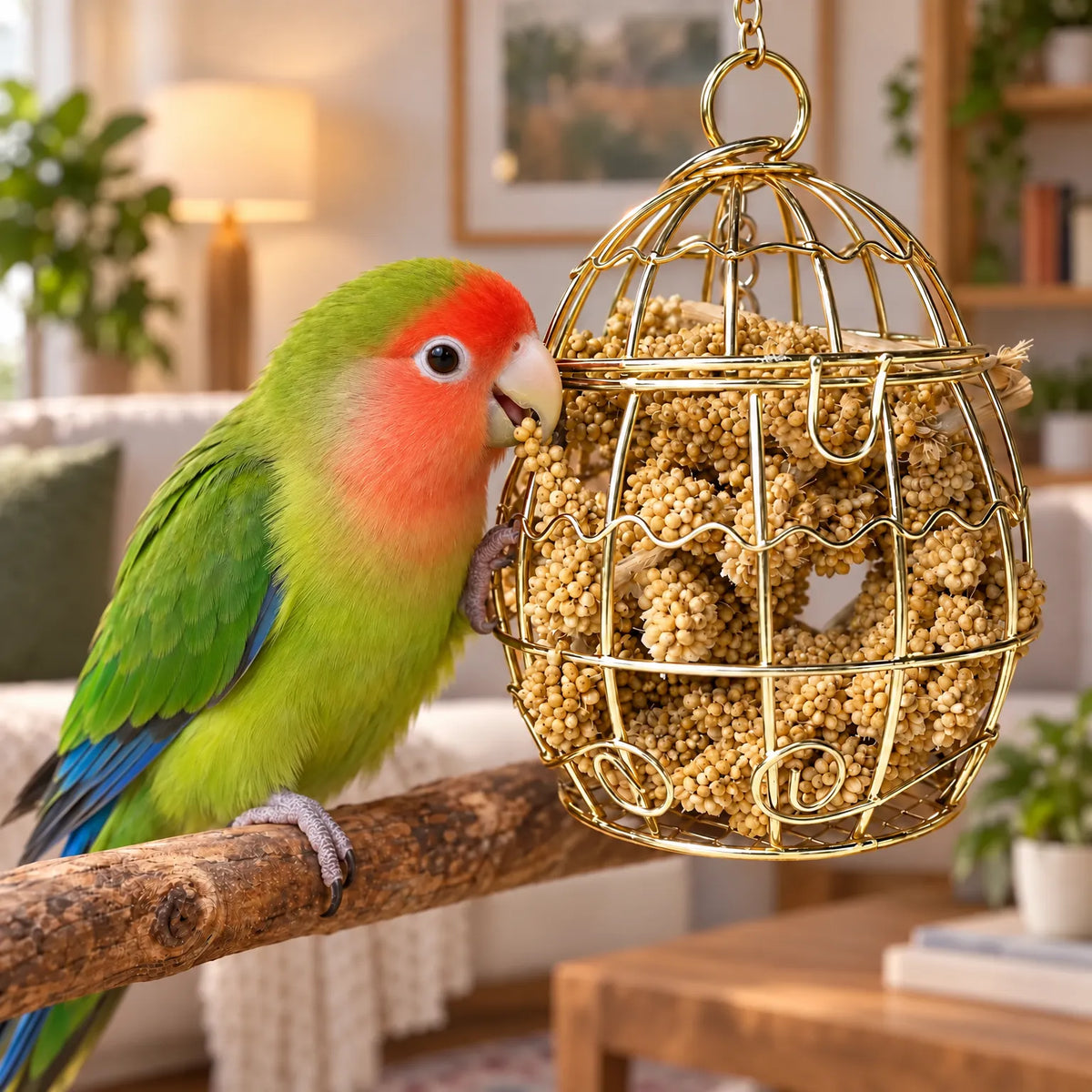 Green lovebird with a red face perched on a branch, nibbling millet from the hanging gold wire cage in a living room. 2