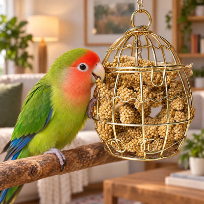 Green lovebird with a red face perched on a branch, nibbling millet from the hanging gold wire cage in a living room. 2