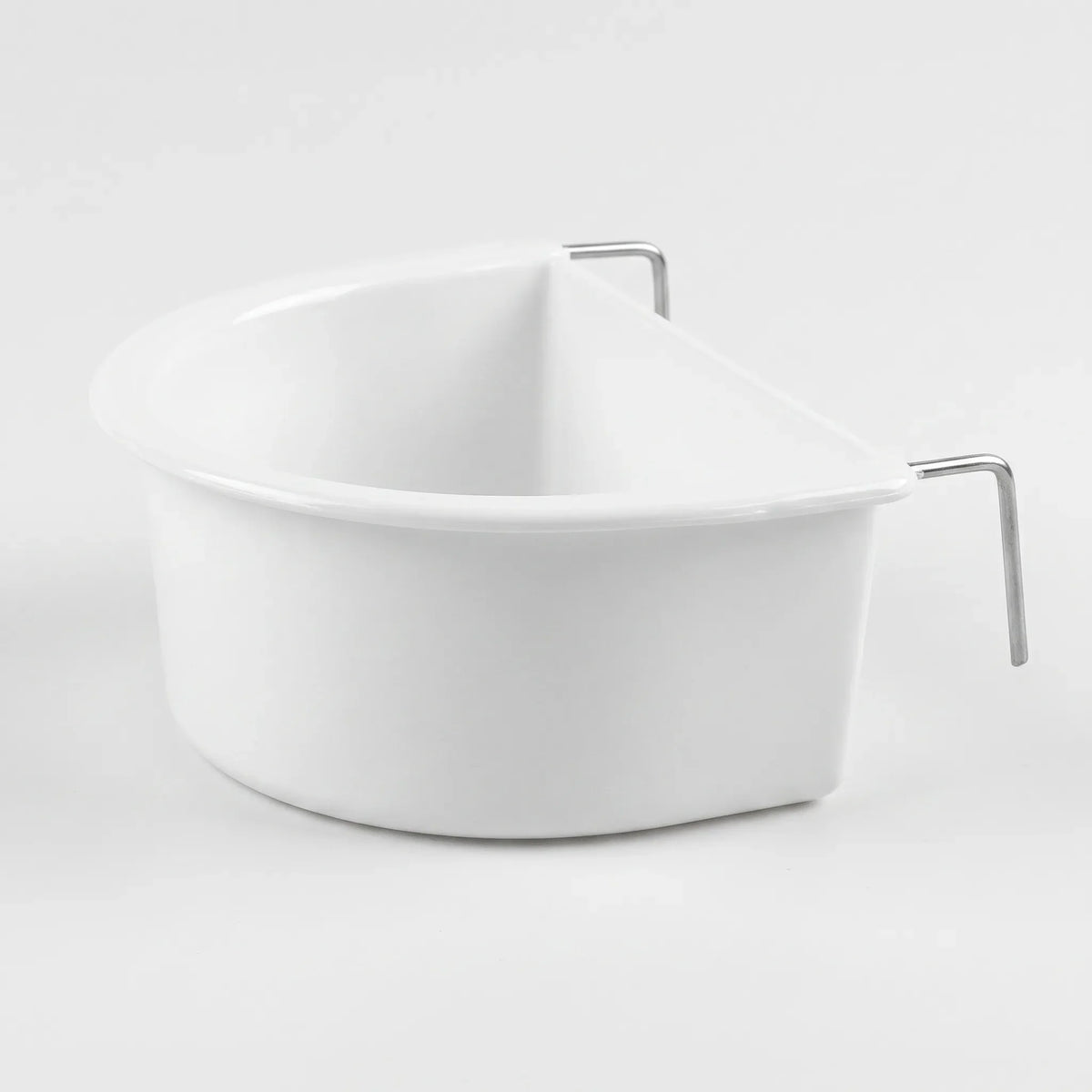 Single white plastic D-shaped bowl with two metal hooks on the straight edge, shown on a plain light background. 1