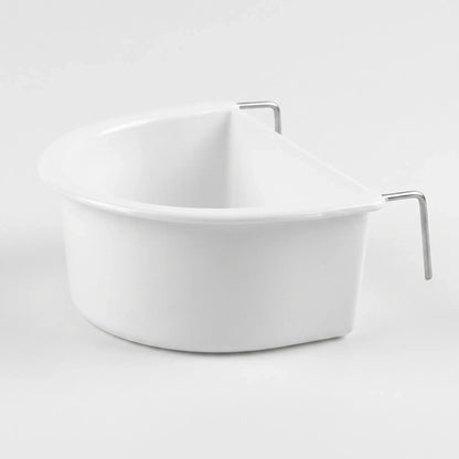 Single white plastic D-shaped bowl with two metal hooks on the straight edge, shown on a plain light background. 1