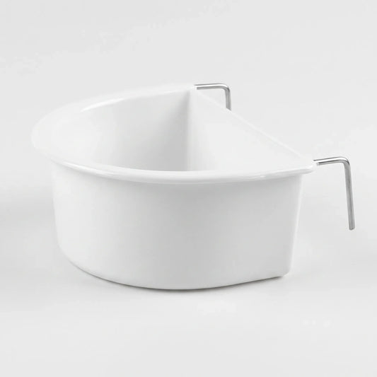 Single white plastic D-shaped bowl with two metal hooks on the straight edge, shown on a plain light background. 1