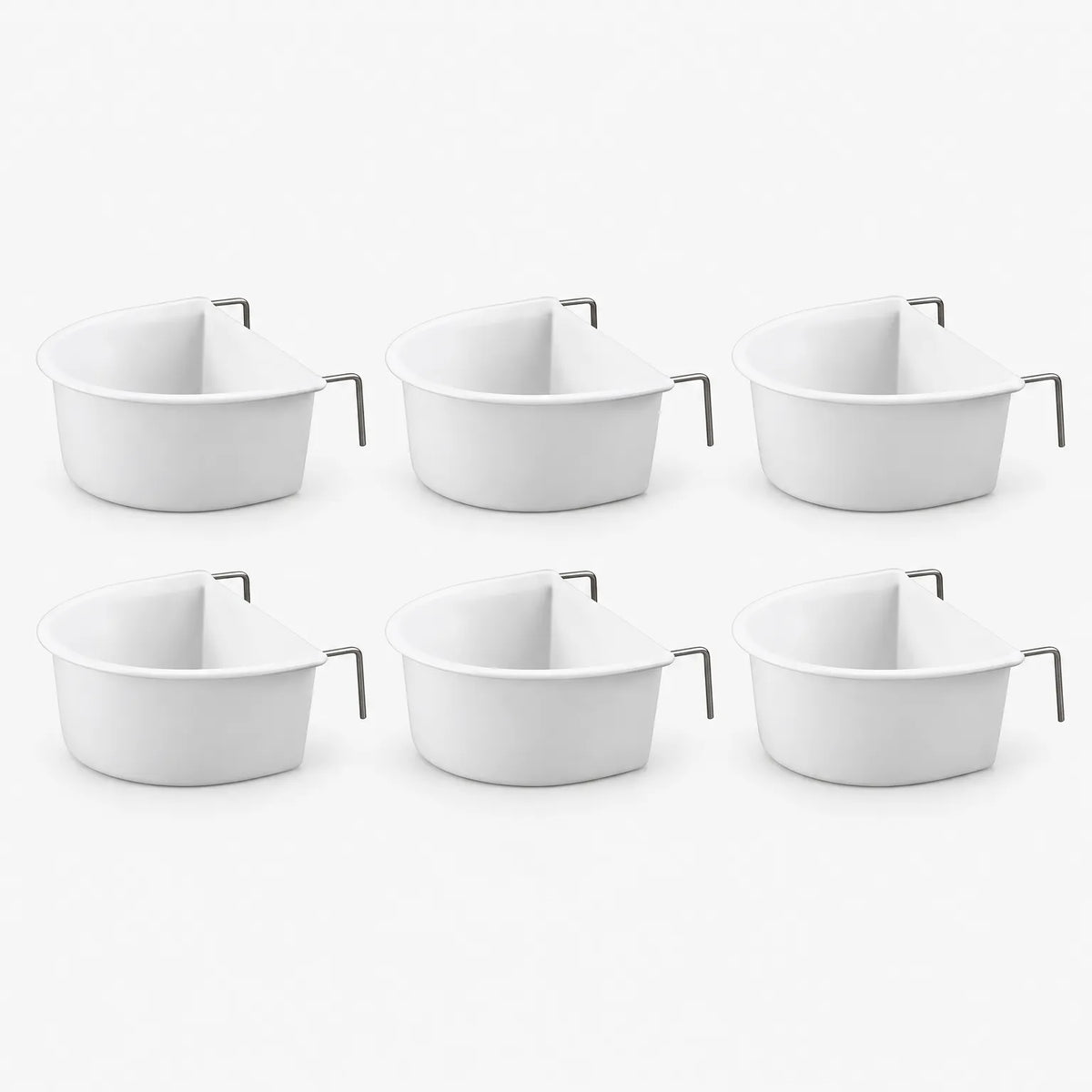 Six identical white bowls with metal hooks arranged in two rows of three on a plain background. 4
