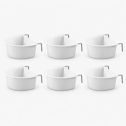 Six identical white bowls with metal hooks arranged in two rows of three on a plain background. 4