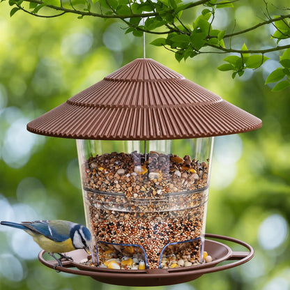 Brown feeder filled with mixed seed hanging from a branch, with a blue tit perched on the tray eating. 2