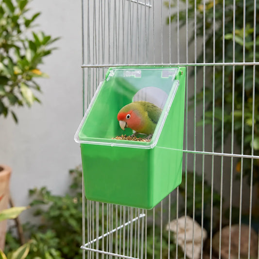 Feeder hanging on the wire of a cage outdoors, with a rosy-faced lovebird perched inside eating seed. 2