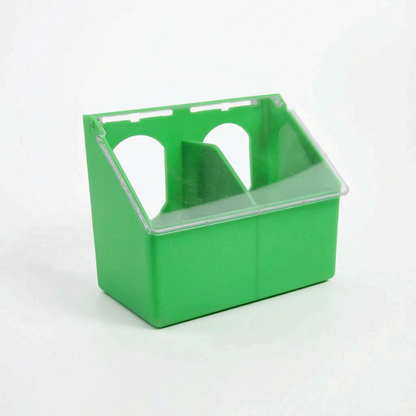 Wider green feeder with two compartments split by a central divider, each with its own arched opening and a clear lid. 5