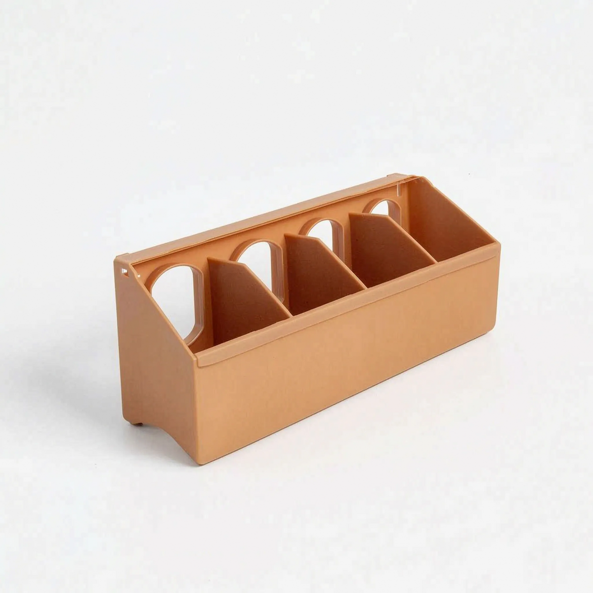 Long tan-coloured feeder with four compartments separated by dividers, each with an arched opening, shown without a lid. 6