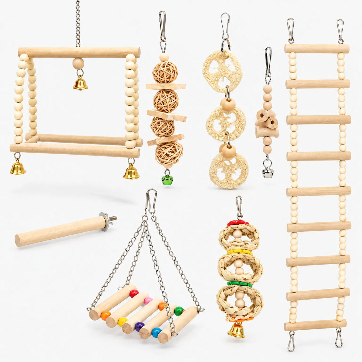 Full set of wooden bird toys on white: bead swings, ladder, loofah and rattan chews, a perch and small bells. 1