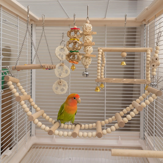 A peach-faced lovebird perches on a beaded wooden bridge inside a cage hung with the other swings, chews and bells. 2