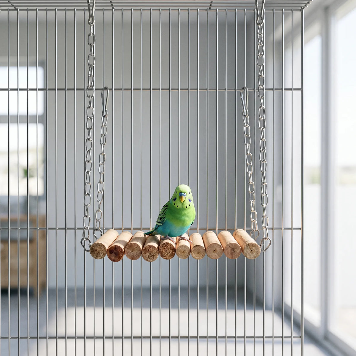 Green and blue budgerigar perched on the wooden rung bridge, which hangs by chains inside a wire cage. 2