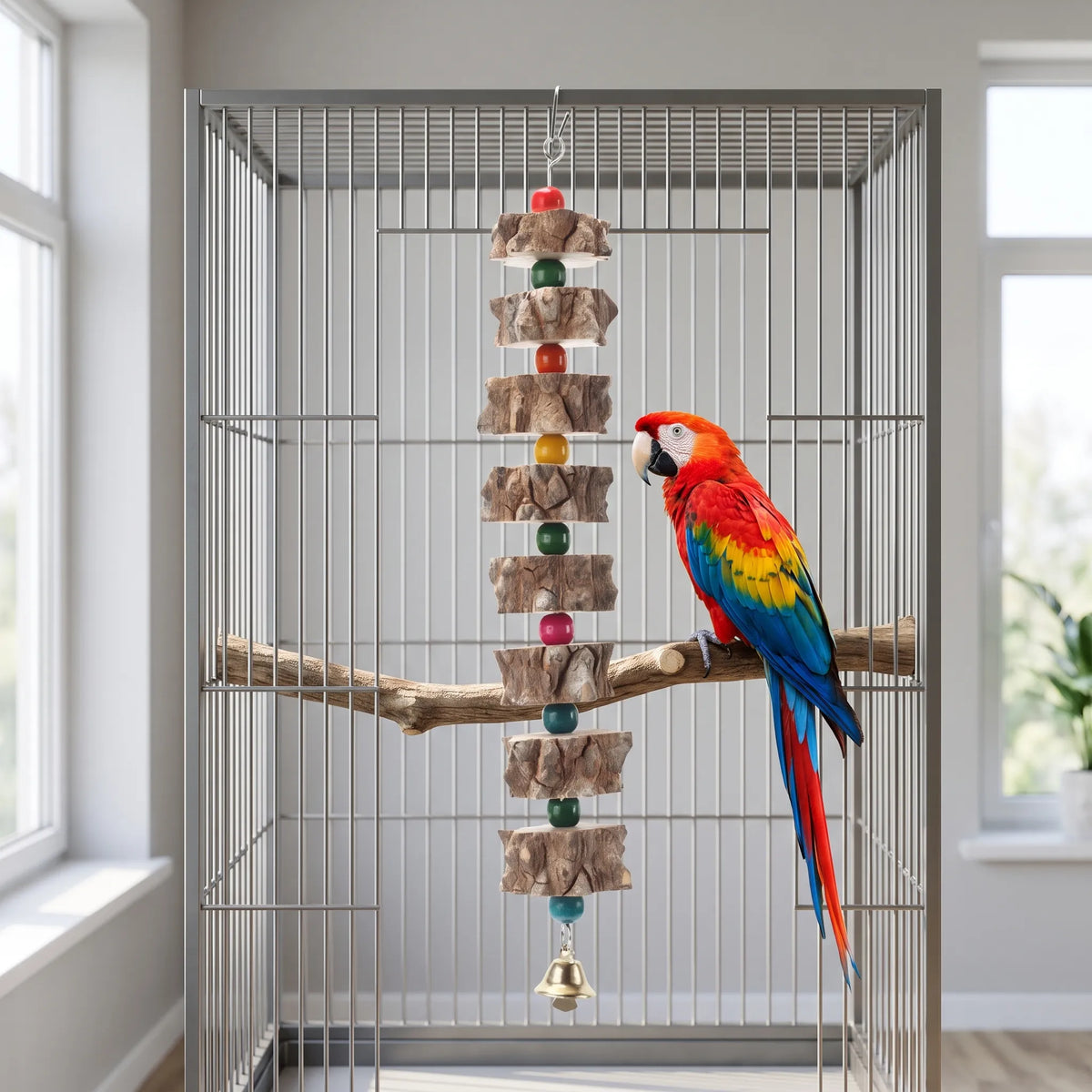 Toy hanging in a large cage beside a red, yellow and blue macaw perched on a natural wooden branch. 2