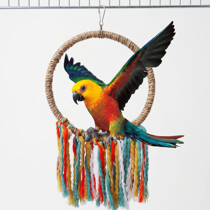 Colourful parrot with spread wings perching on a natural rope ring with multicoloured cotton tassels, hung from a metal clip on a cage bar. 1